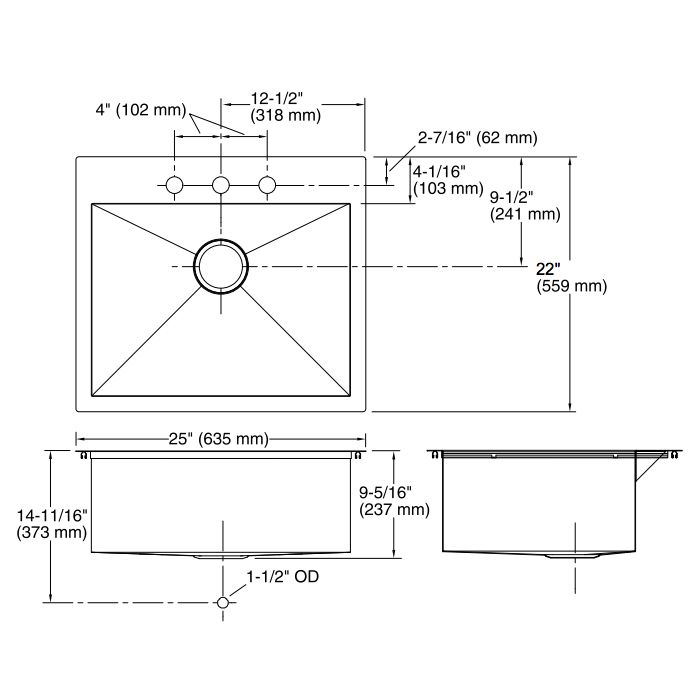 Kohler K3822 Vault 25 x 22 Medium Single Kitchen Sink 3 Faucet Holes 2