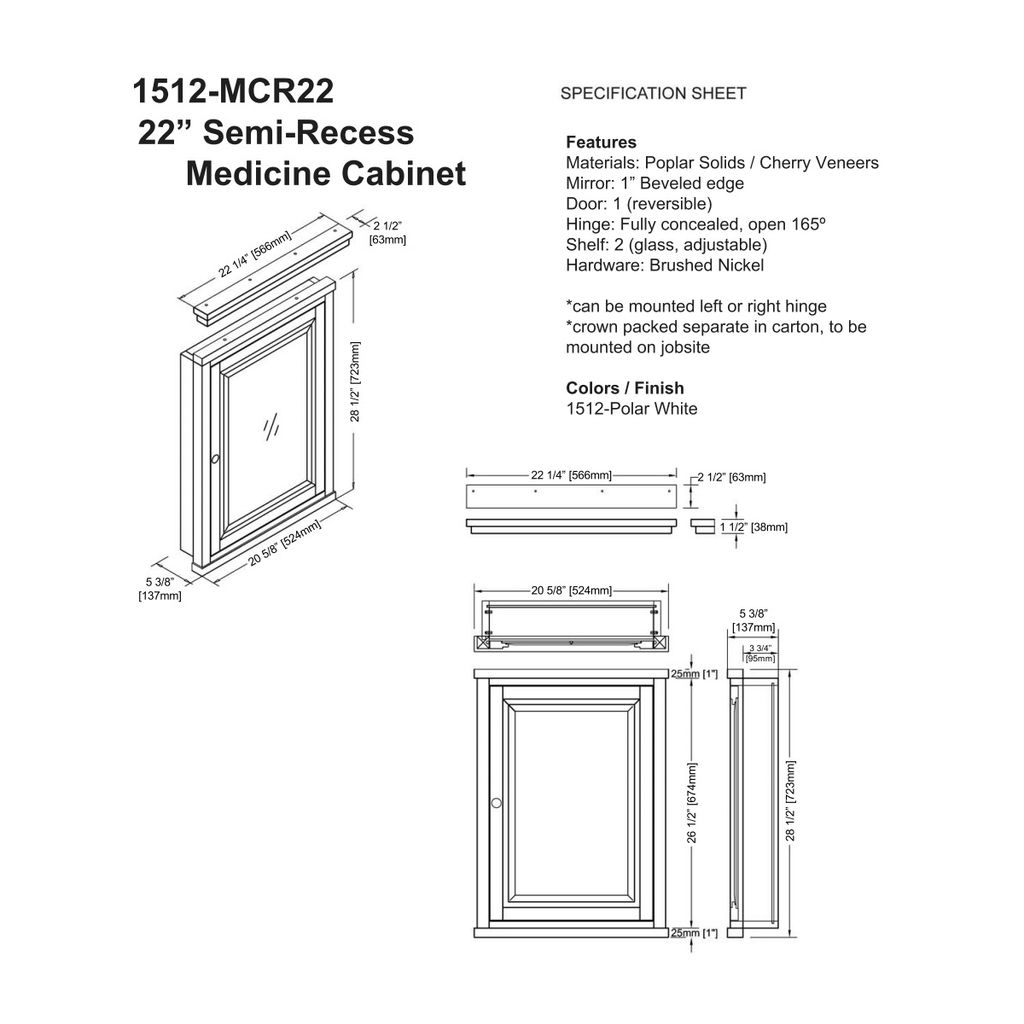 Fairmont Designs 1512-MCR22 Shaker Americana 22" Semi-recess Medicine Cabinet Polar White 2