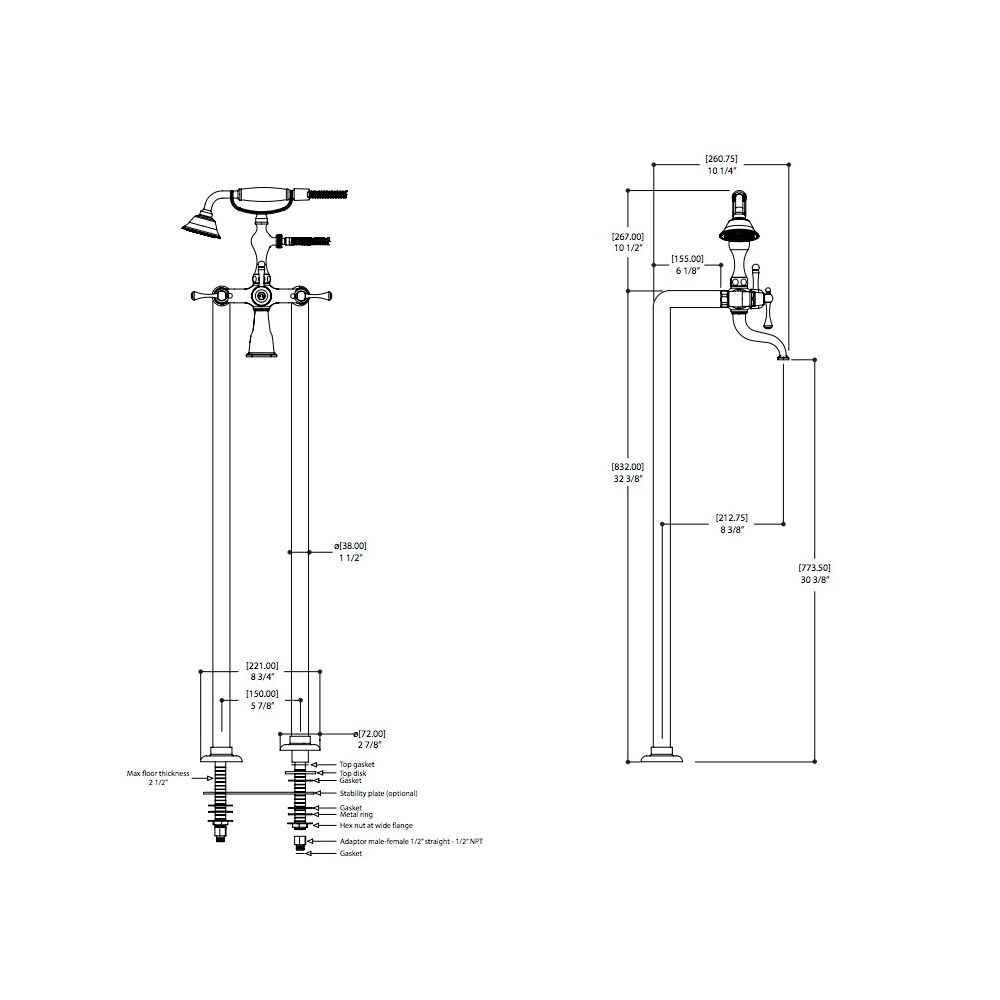 Aquabrass 7386 Regency Cradle Tub Filler With Handshower And Floor Risers Brushed Nickel 2